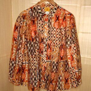 Ruby Red Womens Plus Orange Animal Print Semi Sheer Button Down Shirt 24W